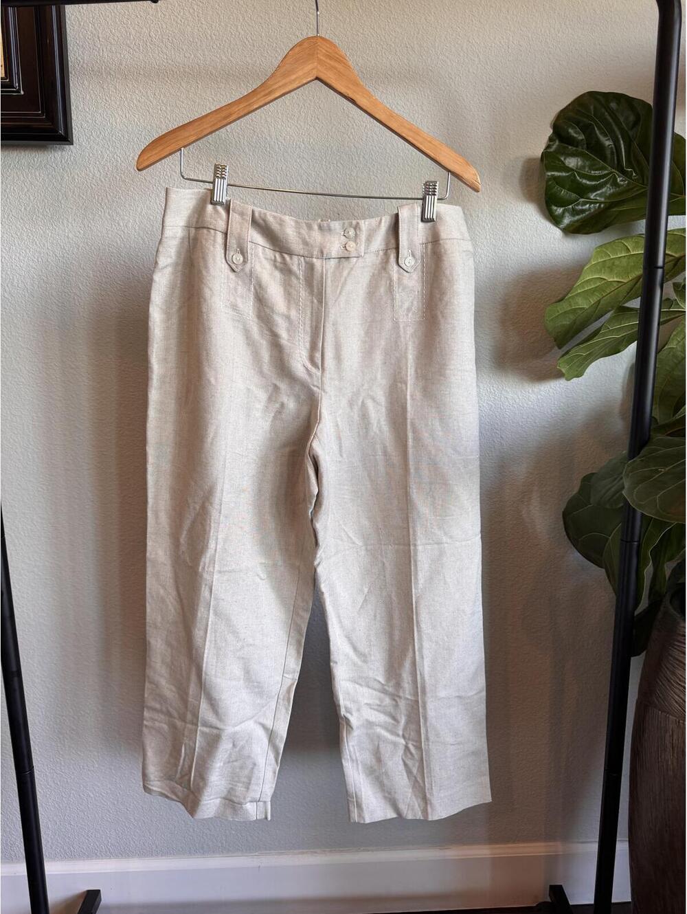 Harve Benard Beige Woven Linen Blend Cropped Dress Pants Size 12 NWT